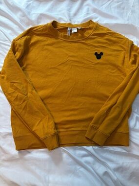 Disney Men's Mustard Crewneck Sweater with Black Mickey Logo